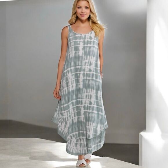 NWT Gorgeous Japna Sz M Grey White Tie Dye Boho Gypsie Wide Leg Ruffle Jumpsuit - Picture 1 of 14